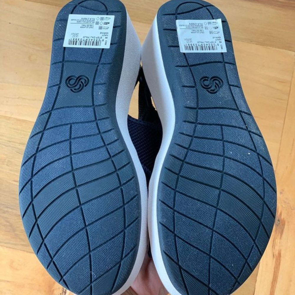 RARE New in Box Cloud Steppers by Clarks Step Cali Palm Navy Sandal Wedges - Picture 5 of 12